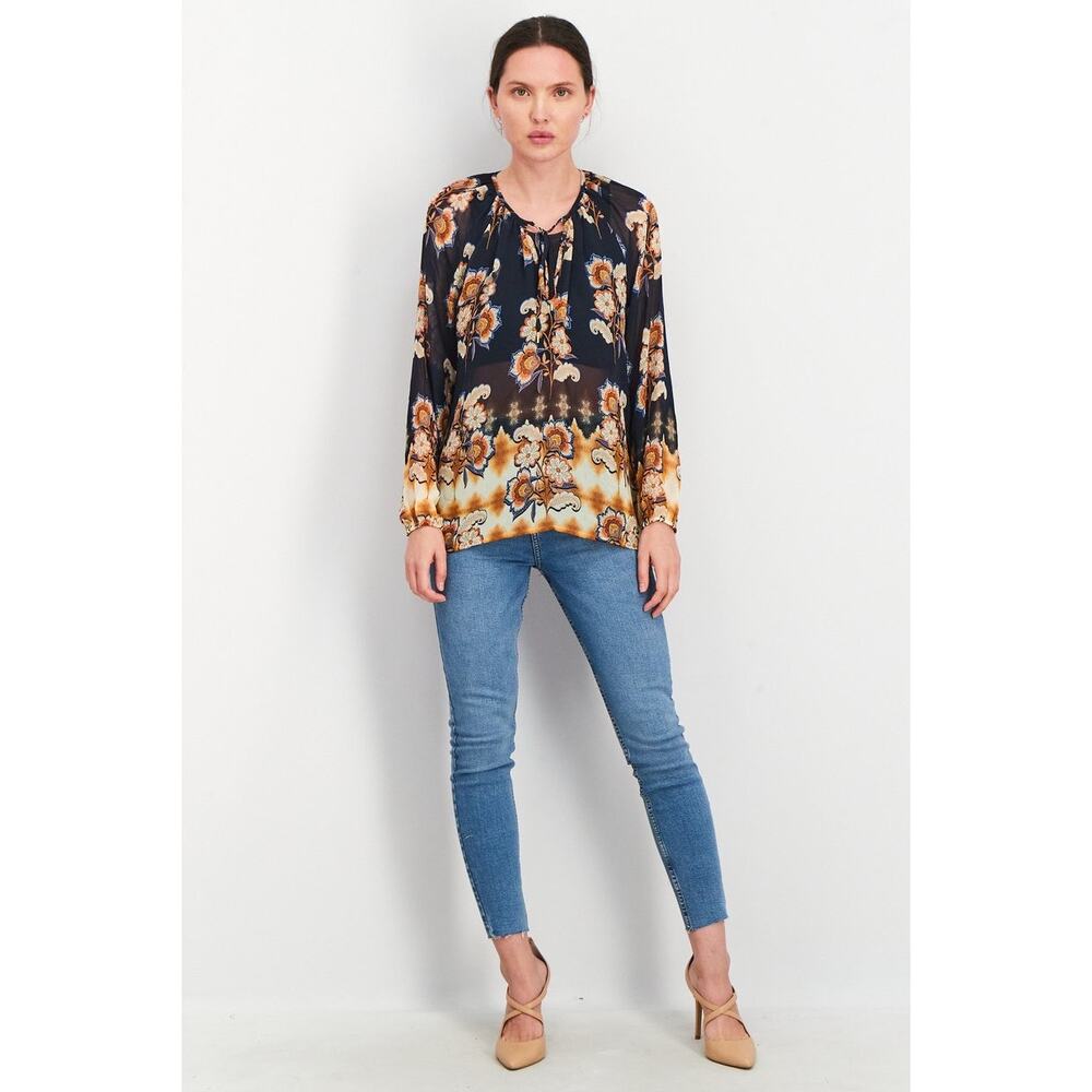 Liverpool Los Angeles Floral Peasant Blouse Navy Multi – Size Large - Picture 12 of 12